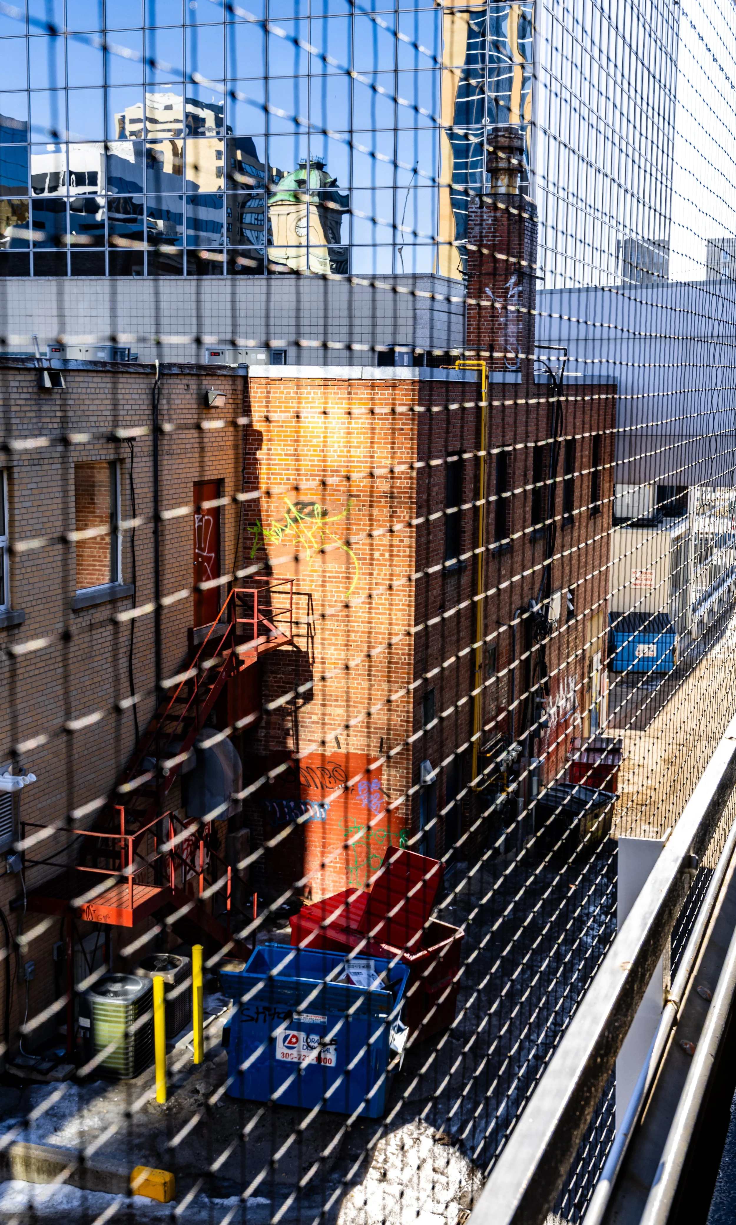 View of an urban alleyway through a metal safety fence, showing brick buildings, graffiti, dumpsters, and city skyscrapers reflecting in the glass rooftop.