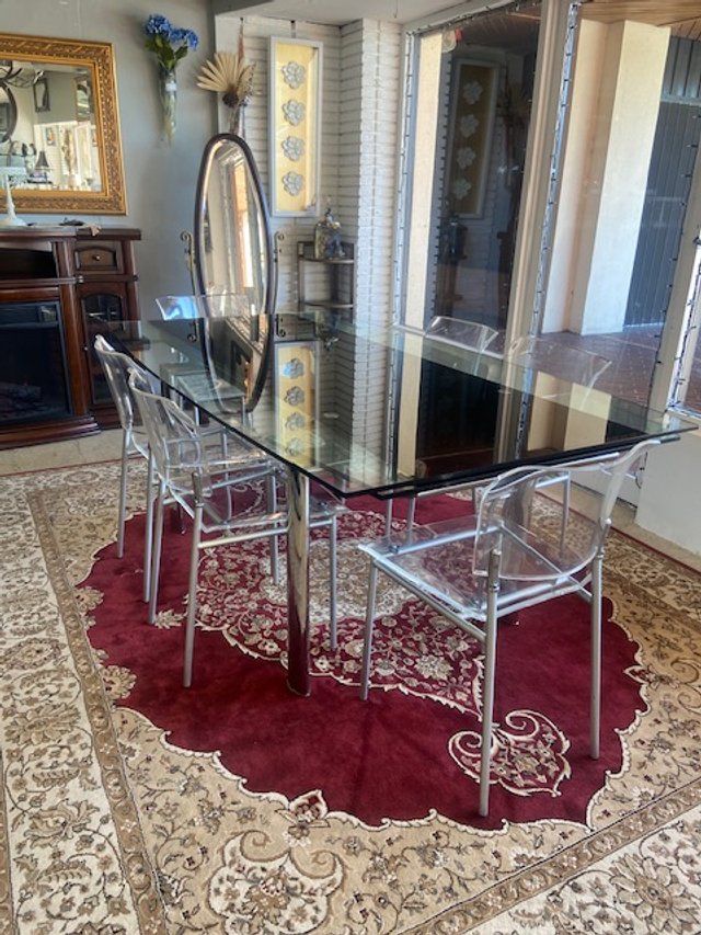 Italian Glass Dining Table with 5 Lucite Chairs
