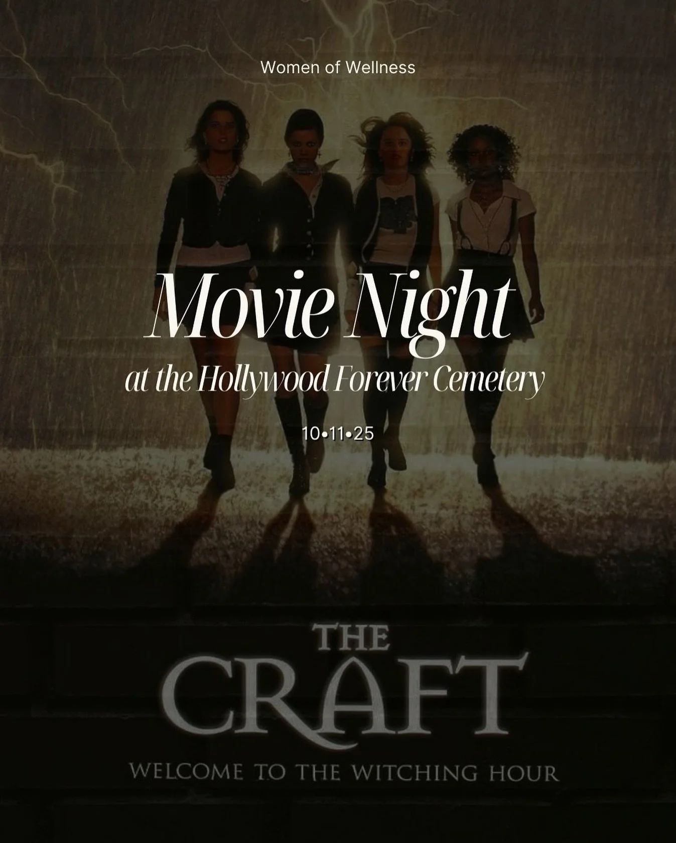 🖤✨ WOW Movie Night ✨🖤
under the stars at Hollywood Forever Cemetery 🎬🌙

📅 Saturday, October 11th
⏰ Meet at 5:30PM (gates open)
🎥 The Craft
🎞 Movie starts at 7:15PM
🎟 $29 General Admission via Cinespia

✨ VIP Members &mdash; ticket includes wi