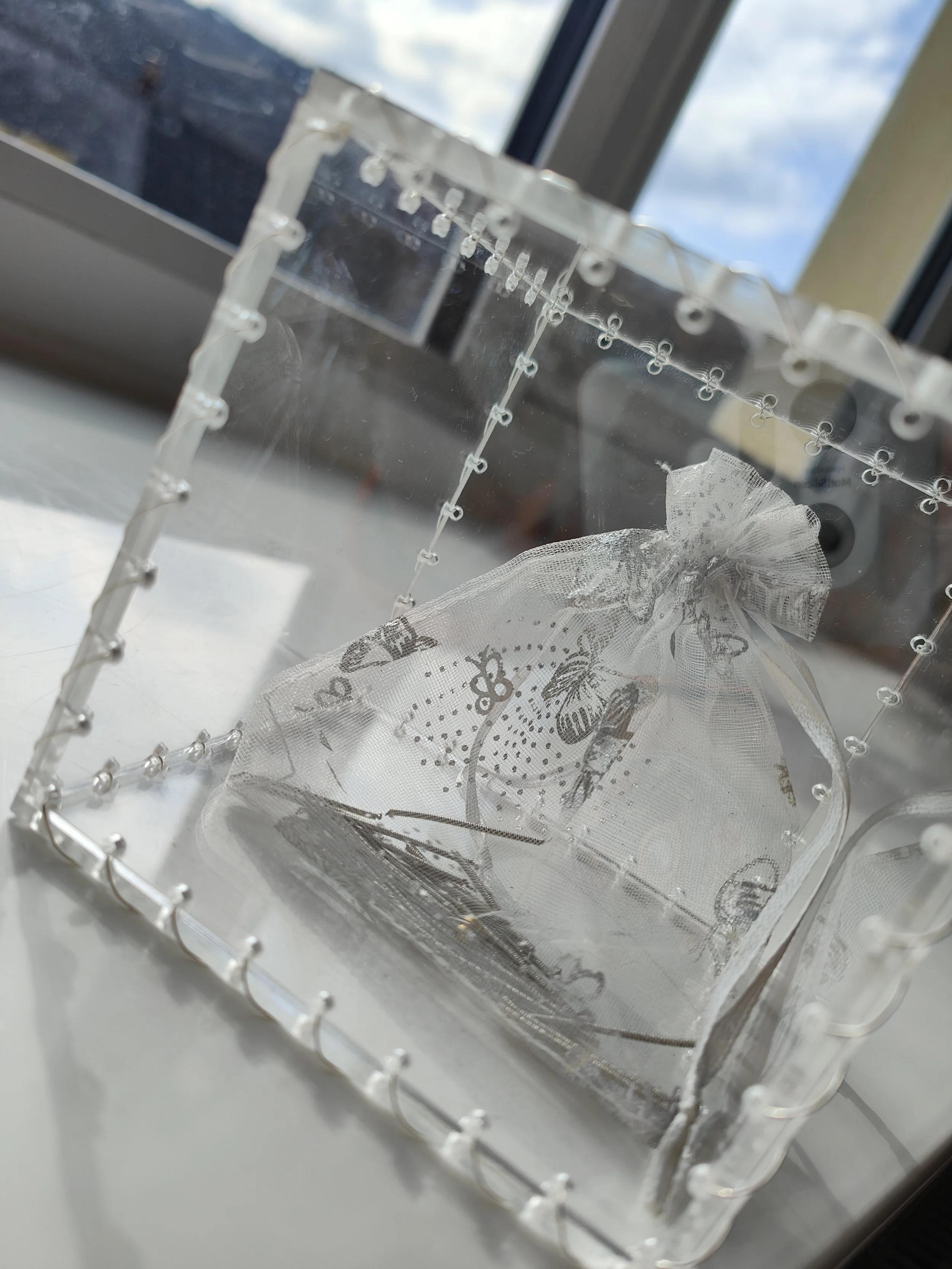 'Memory' 9.5cm² acrylic, wire, organza bag, guitar strings