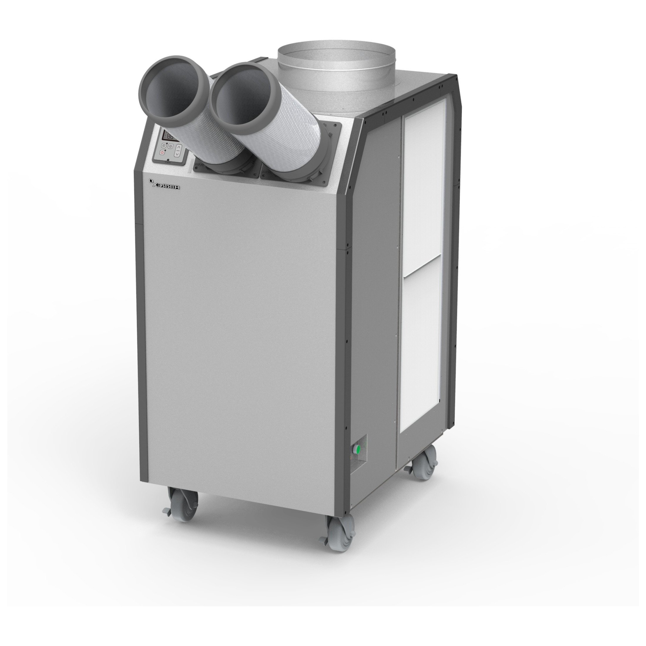 Diagonal front view of Airrex HSC-36R Portable Air Conditioner. Dark Grey industrial plastic housing with casters, and two directional cold air nozzles, and side panels.