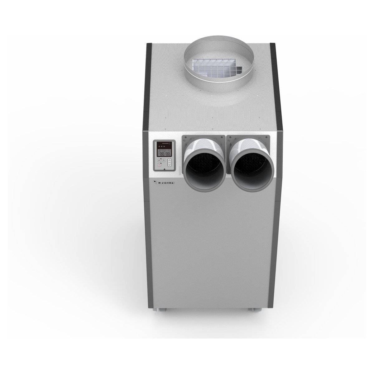Front top down view of Airrex HSC-36R Portable Air Conditioner. Dark Grey industrial plastic housing with casters, two directional cold air nozzles, and LED display.