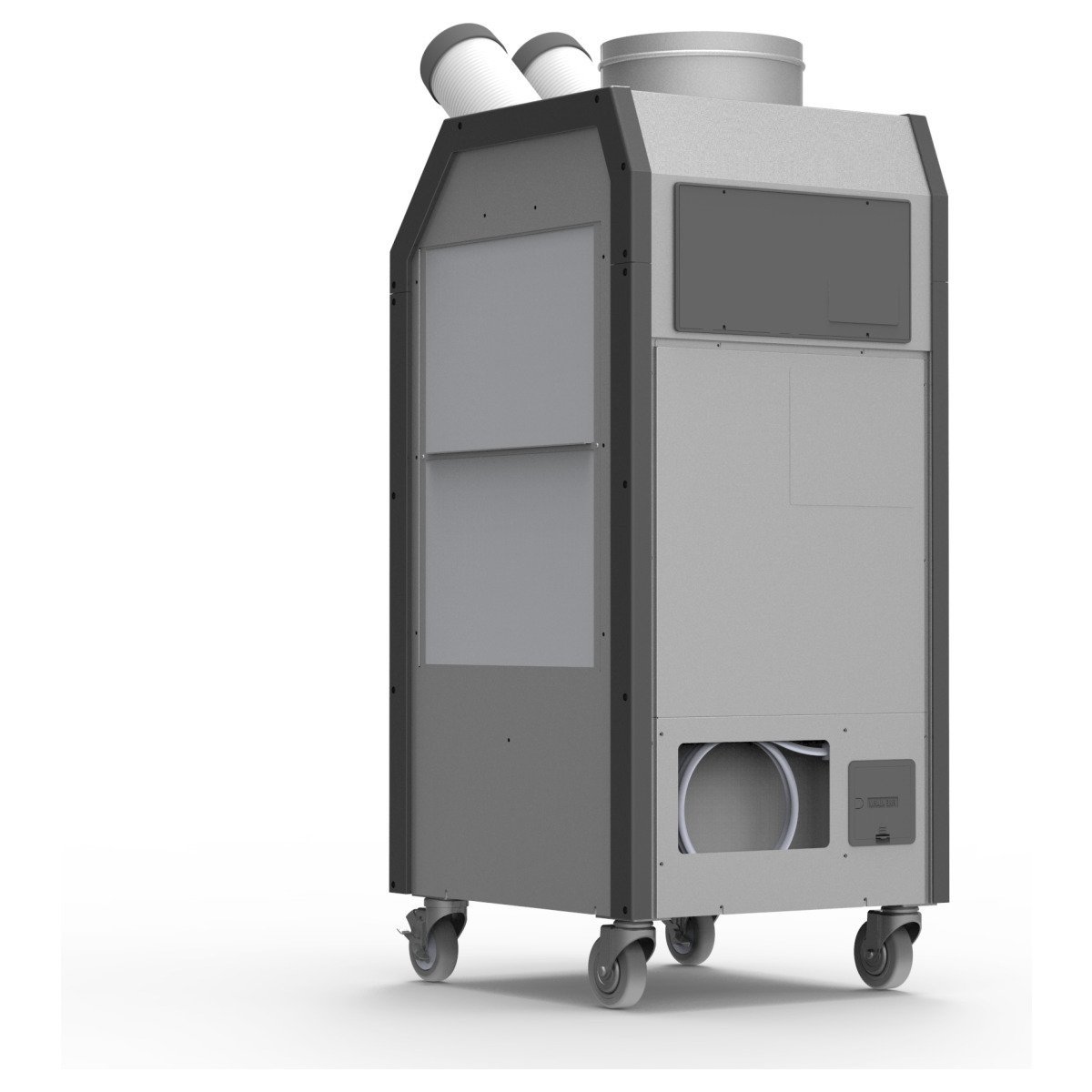 Diagonal view of Airrex HSC-24R Portable Air Conditioner. Dark Grey industrial plastic housing with casters, and two directional cold air nozzles.