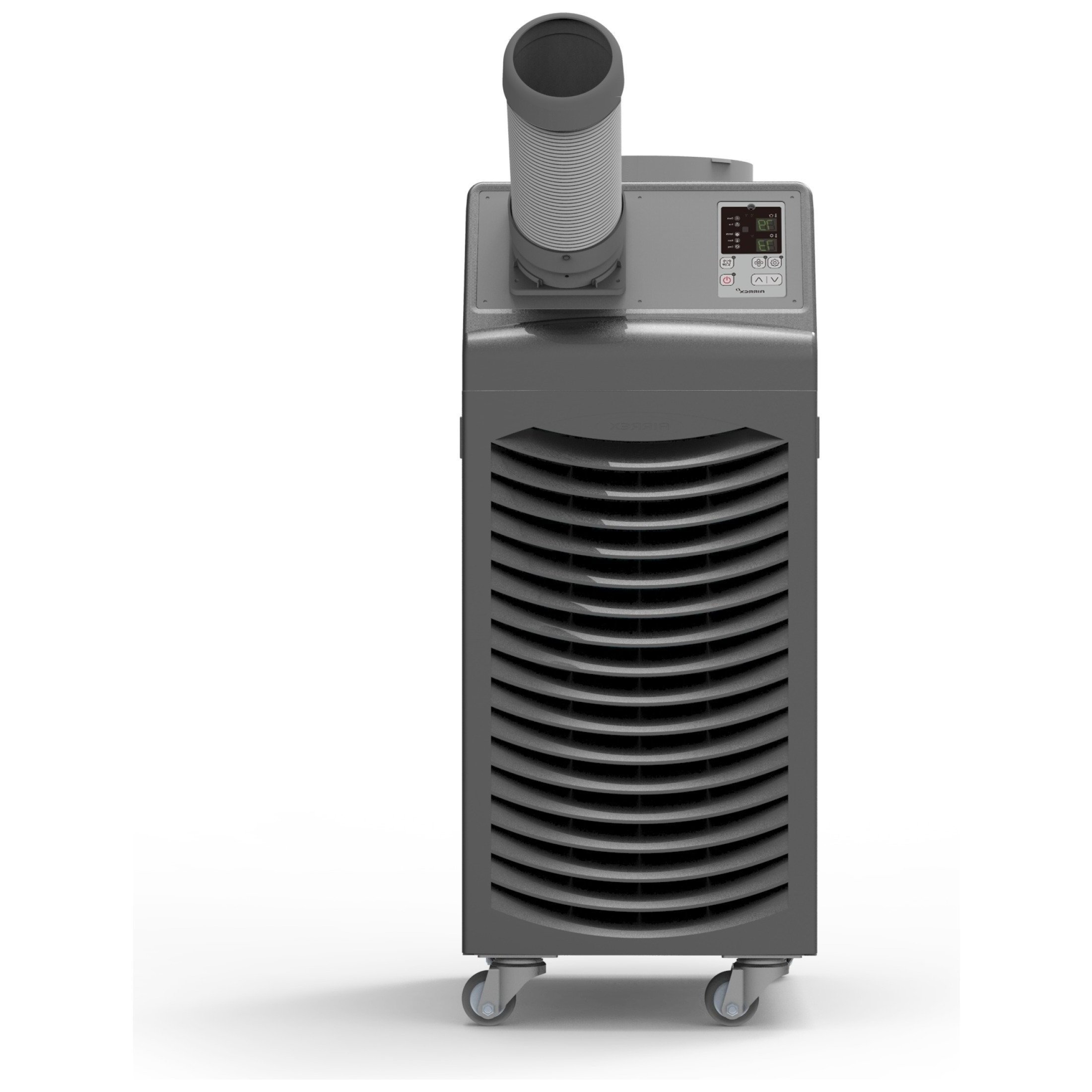 Front view of Airrex HSC-12R Portable Air Conditioner. Dark Grey industrial plastic housing with casters, directional cold air nozzle, LED display, and intake vent. (Copy)