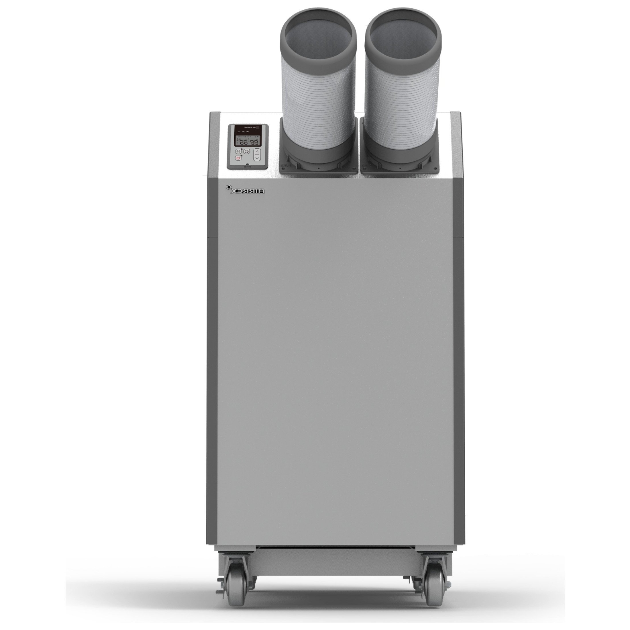 Front view of Airrex HSC-60R Portable Air Conditioner. Dark Grey industrial plastic housing with casters, two directional cold air nozzle, and LED display.