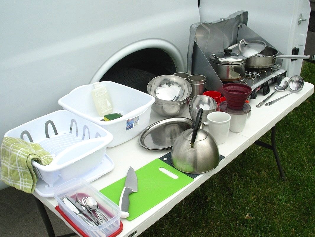 kitchen pots and pans on camping table