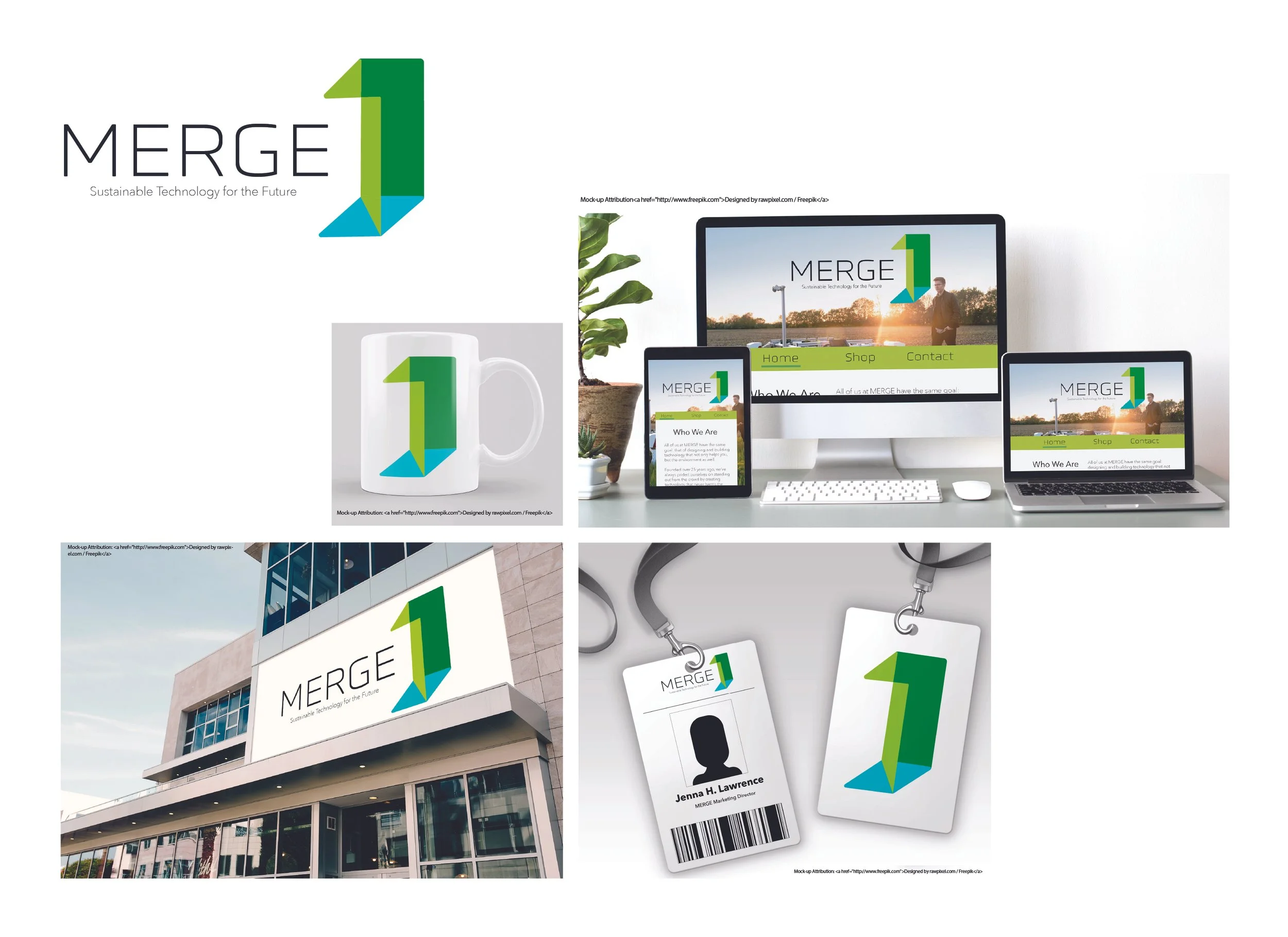 Various branding elements for fictional company MAERGE - website homepage, mug, employee badge, and company office exterior