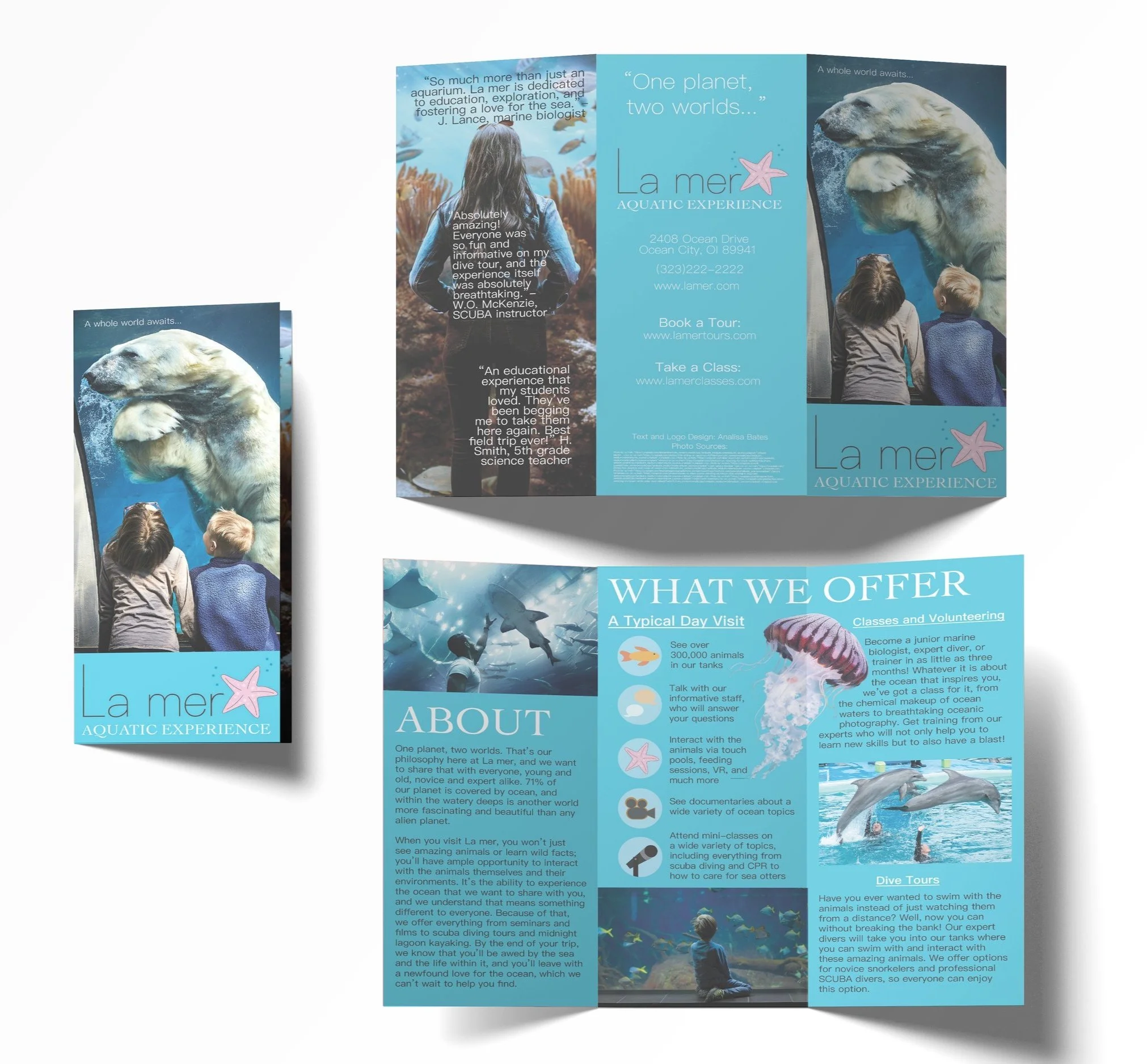 Trifold brochure mockup (inside, outside, and folded) for La mer fictional aquarium.