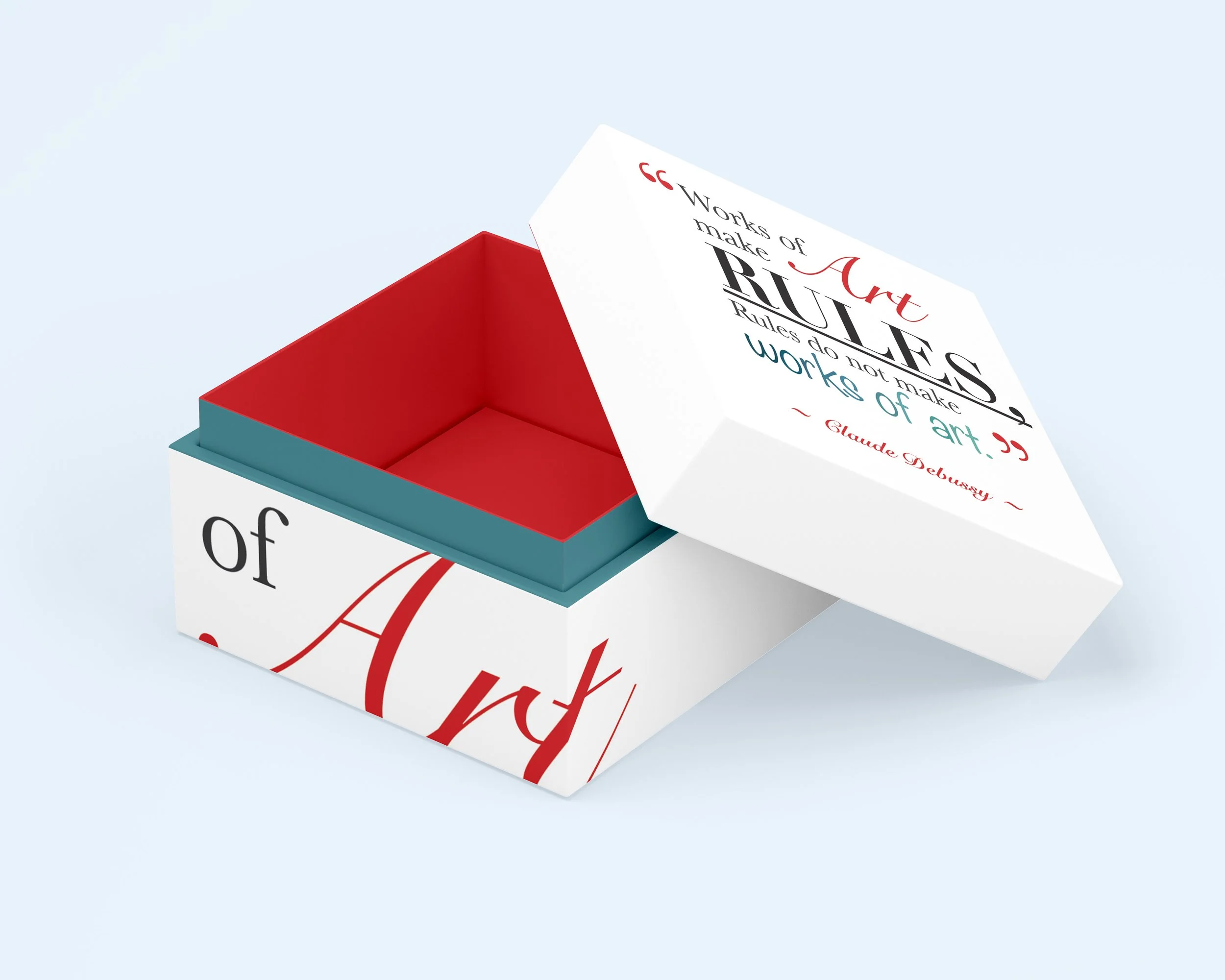 Creative typography quote design visualized on a box. - "Works of art make rules, rules do not make works of art" Claude Debussy