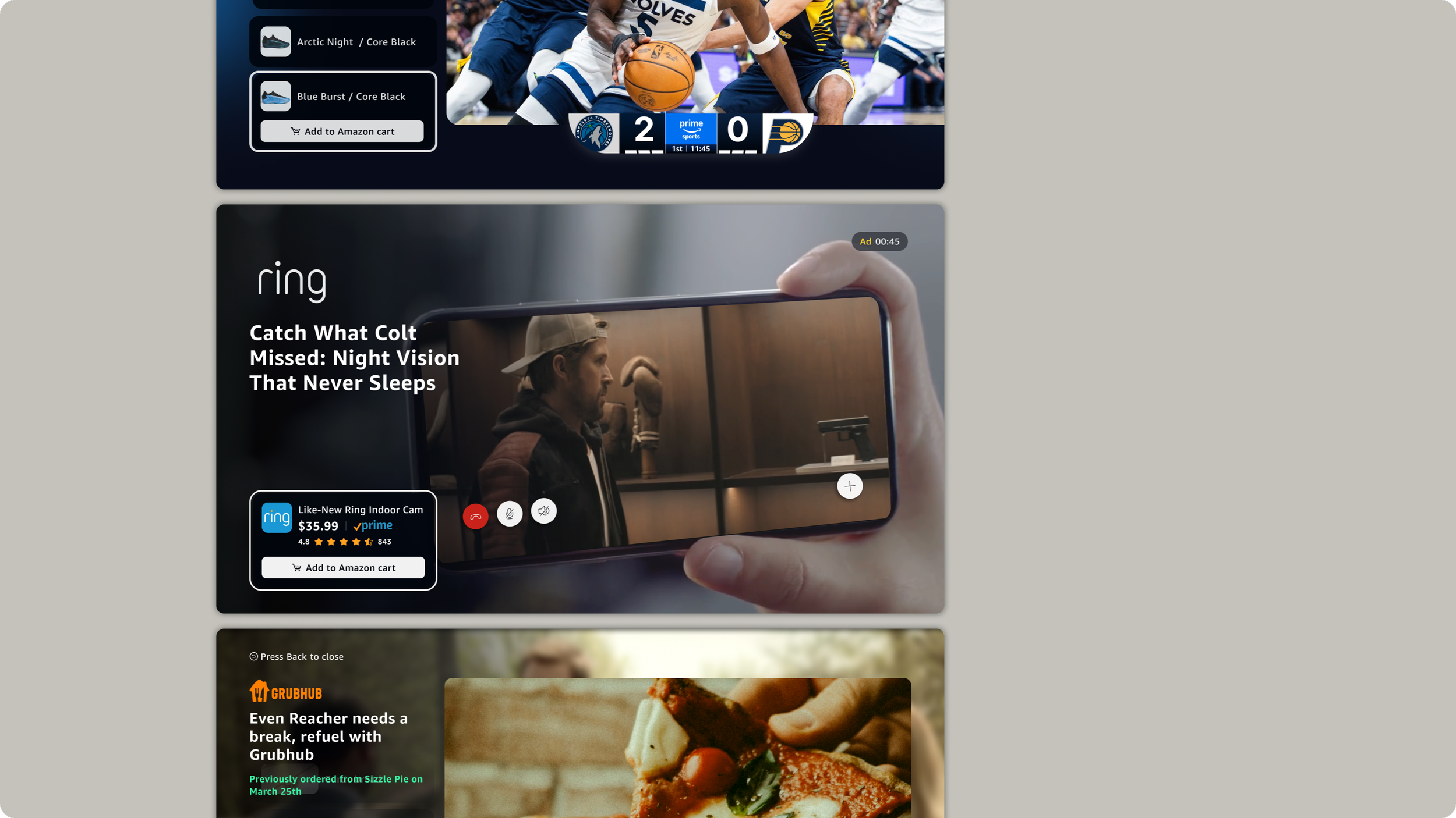 A screenshot of a sports broadcast showing a basketball game with players from the Minnesota Timberwolves and Indiana Pacers, a person holding a smartphone during a video call, and a pizza advertisement from Grubhub.