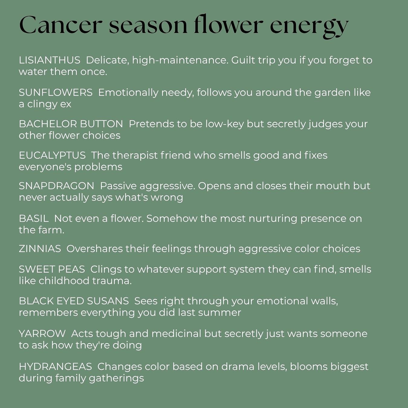 Cancer season is in full effect and turning our farm into a lil&rsquo; therapy session.

Every flower is processing their emotions differently and honestly, in this economy, same.

Which one is speaking to you? Tag your friends and family! 

#cancers