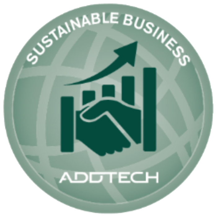 A circular logo with a handshake symbol in the center, an upward arrow above it, and the texts "Sustainable Business," and "ADDTECH". The background features a faint global grid pattern.