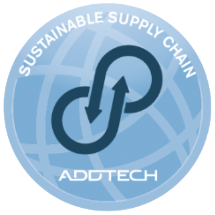 A circular logo with a light blue background, featuring an infinity loop with arrows, and the text 'Sustainable Supply Chain' and 'ADDTECH'.