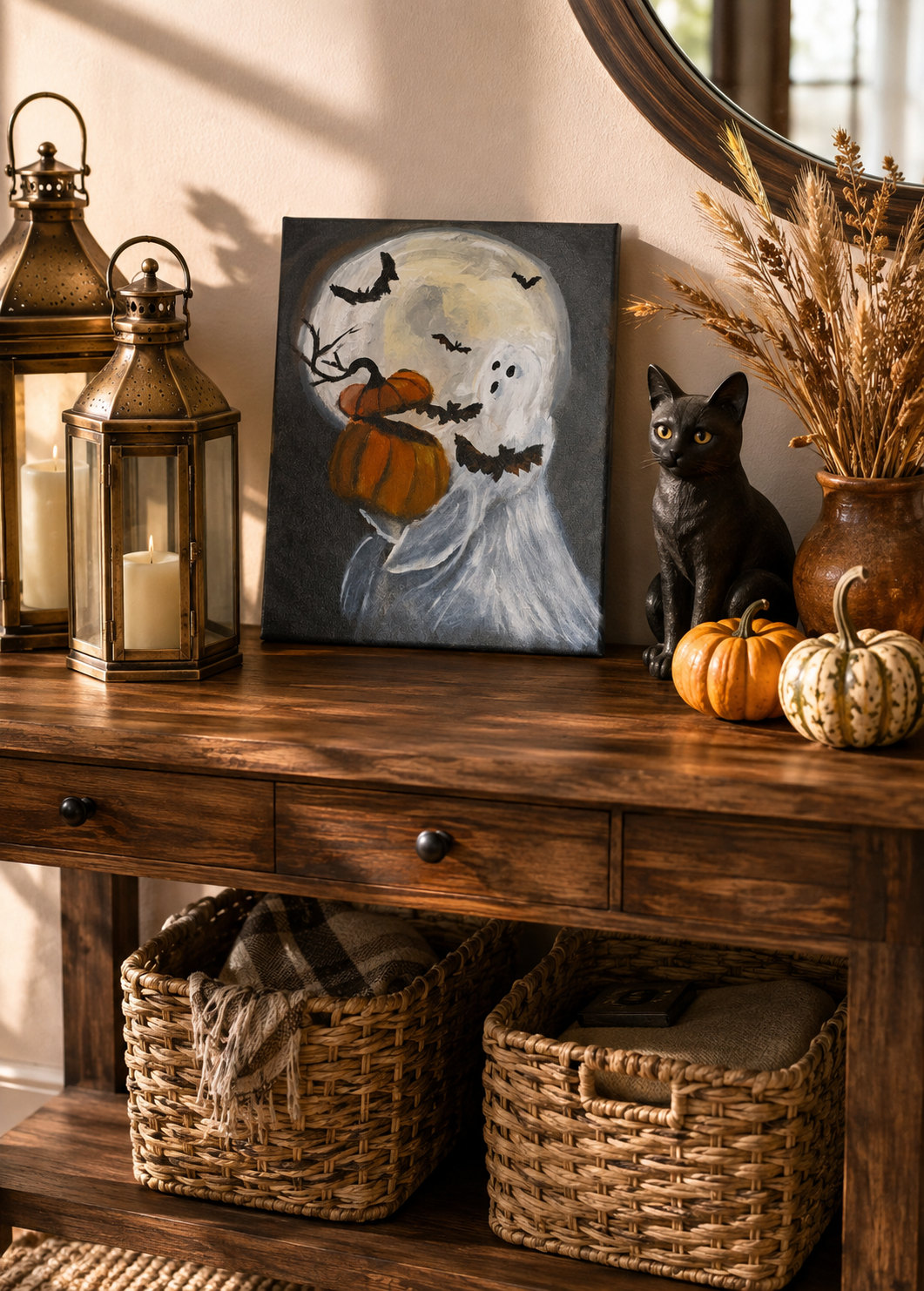 One-of-a-kind ghost and pumpkin canvas painted by hand with soft moonlight tones.png