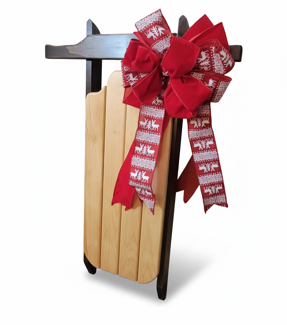 Handmade and stained wood decor sled with handmade Bow