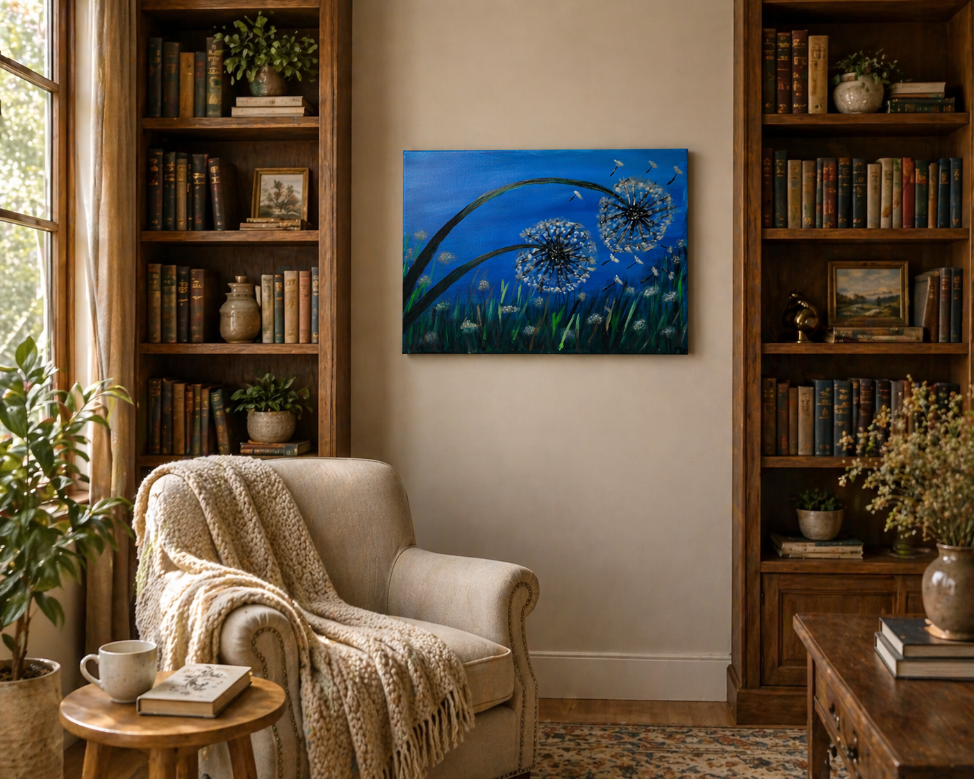 artwork hanging neutral interior wall with neutral chair.png