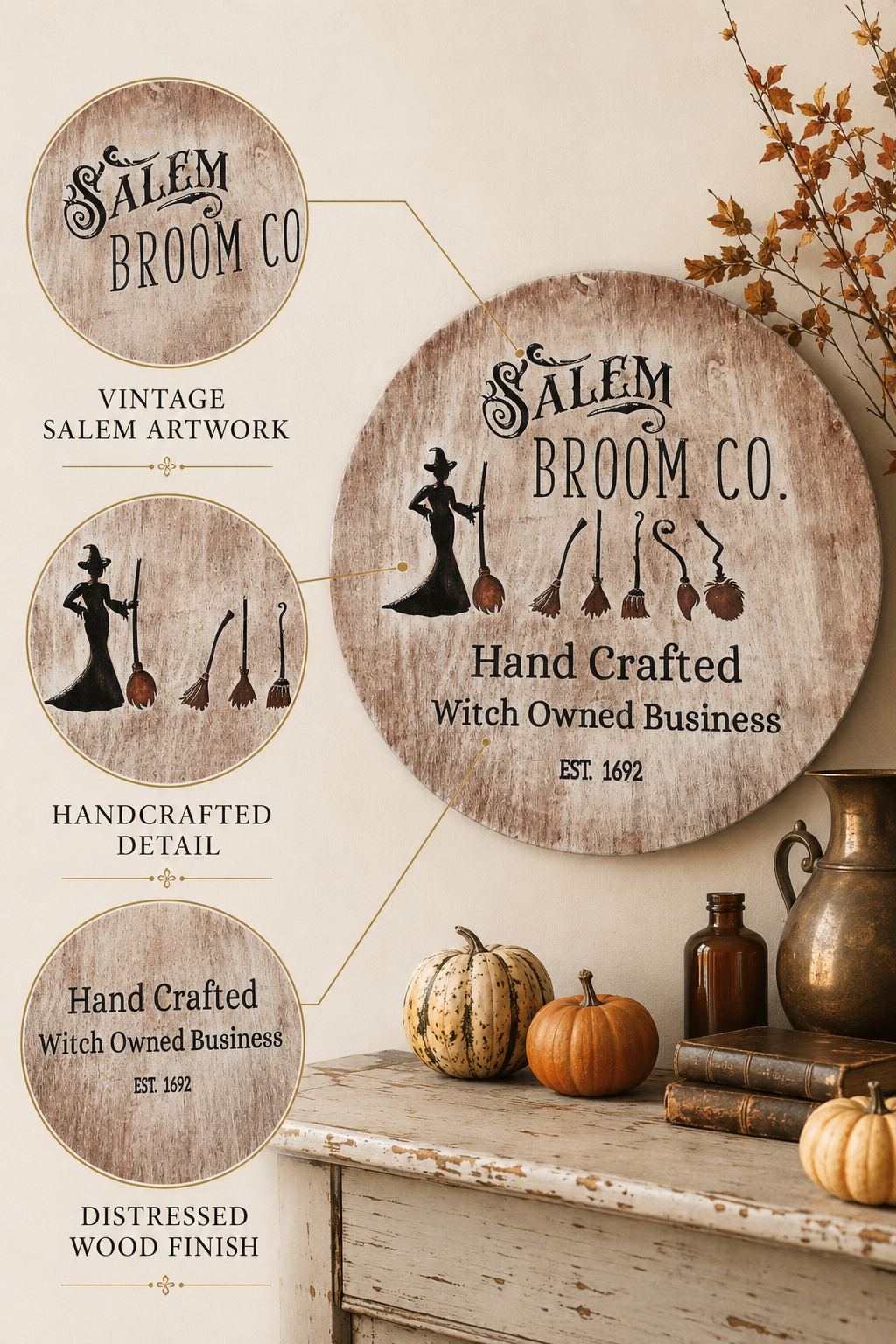 Vintage Salem Halloween wall decor displayed in warm traditional entryway with 18 inch Salem Broomworks sign.png