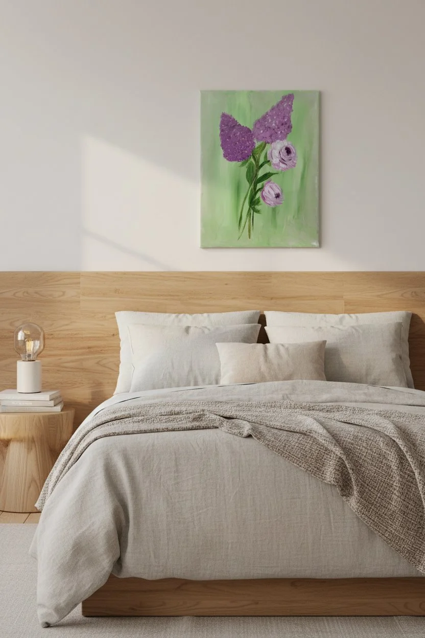 lilac floral canvas wall art over a bed.jpg