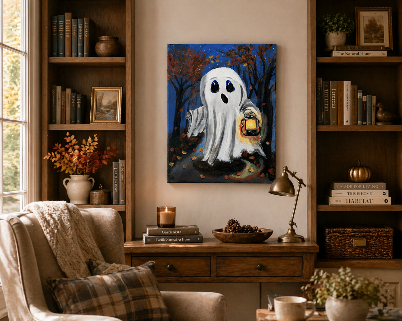ghost painting in cozy home library.png