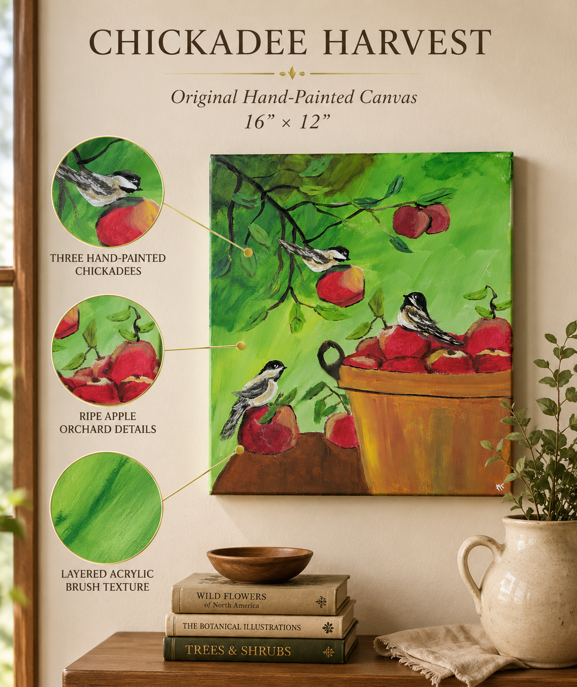 Original acrylic bird painting with apple basket and green orchard background.png