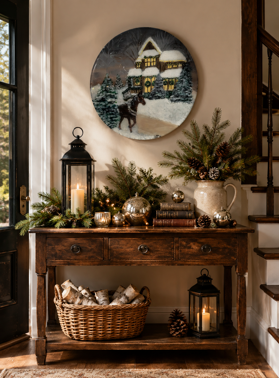 Hand-painted snowy Christmas scene on round wood wall art.png
