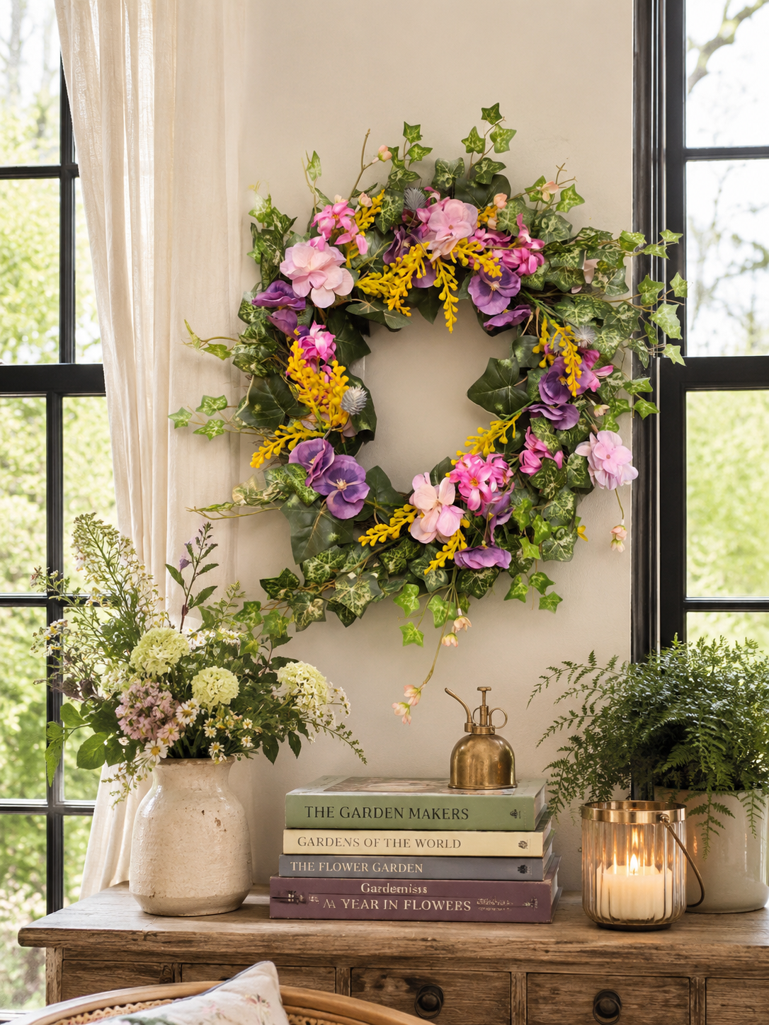 Handmade spring wreath above console table.png