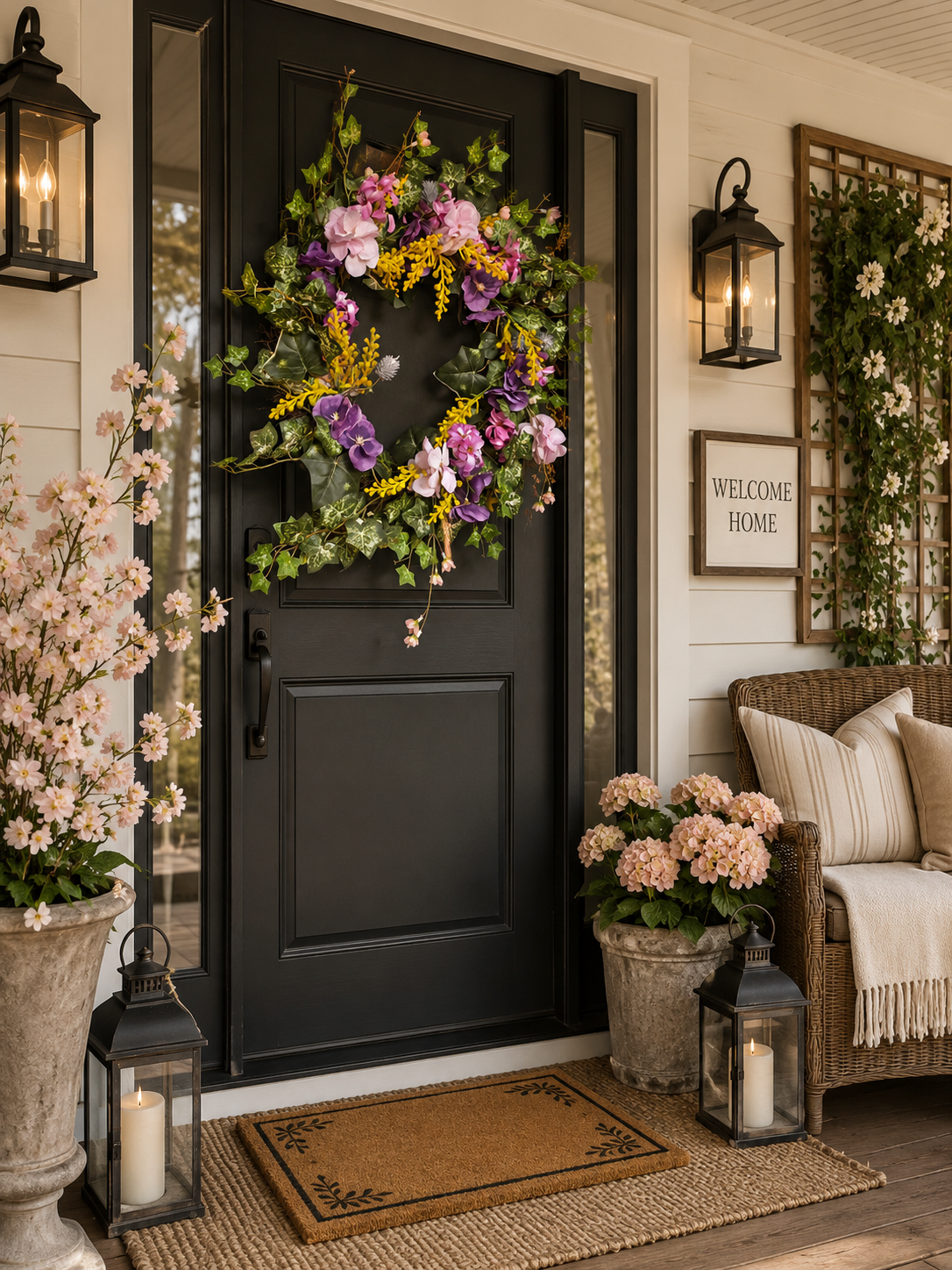 Handmade spring wreath on black door.png