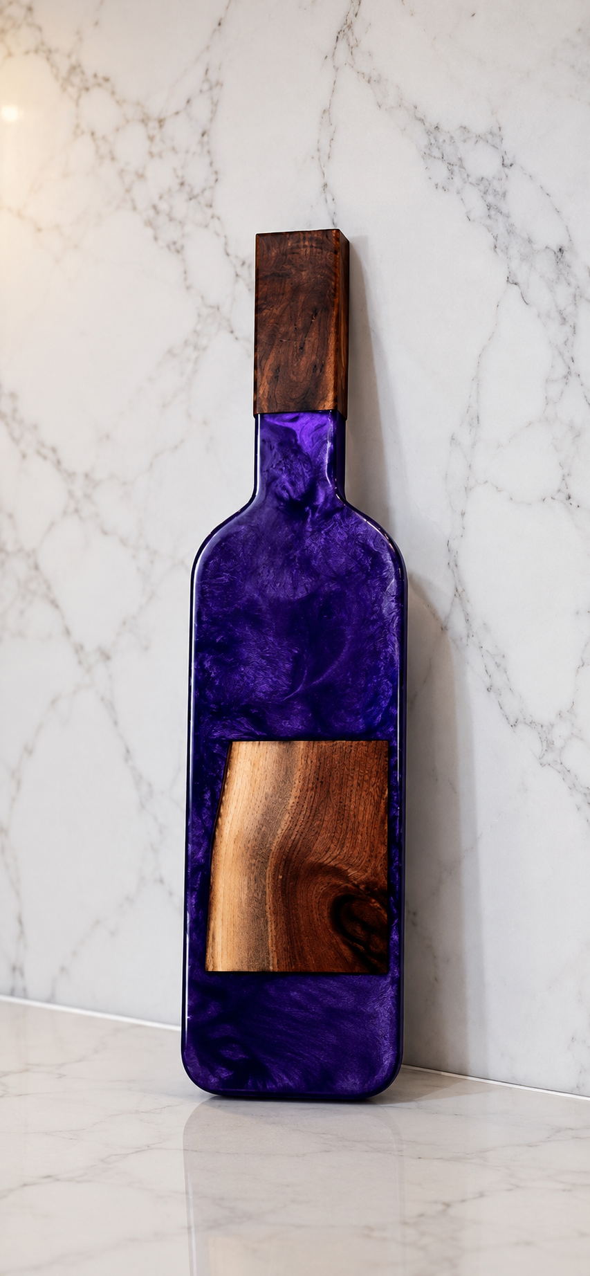 Black walnut wine bottle charcuterie board with amethyst purple resin.png