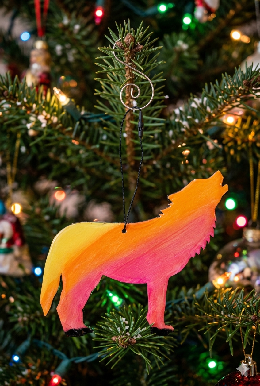 Colorful fox-shaped Christmas ornament hanging from a decorated Christmas tree with multicolored lights.