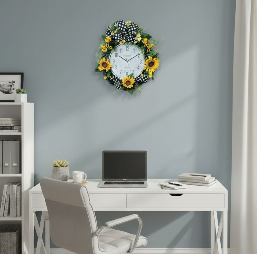 Artificial sunflower and greenery wreath with clock