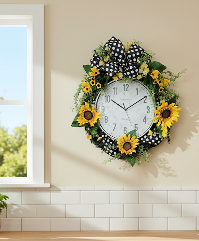 Sunflower clock wreath styled for kitchen wall
