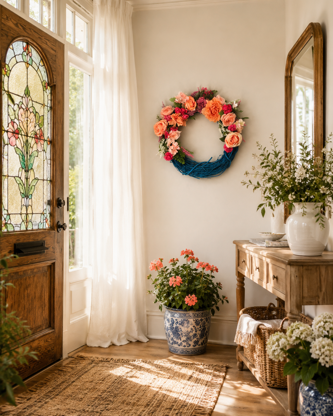 Handmade grapevine wreath with pink floral arrangement.png