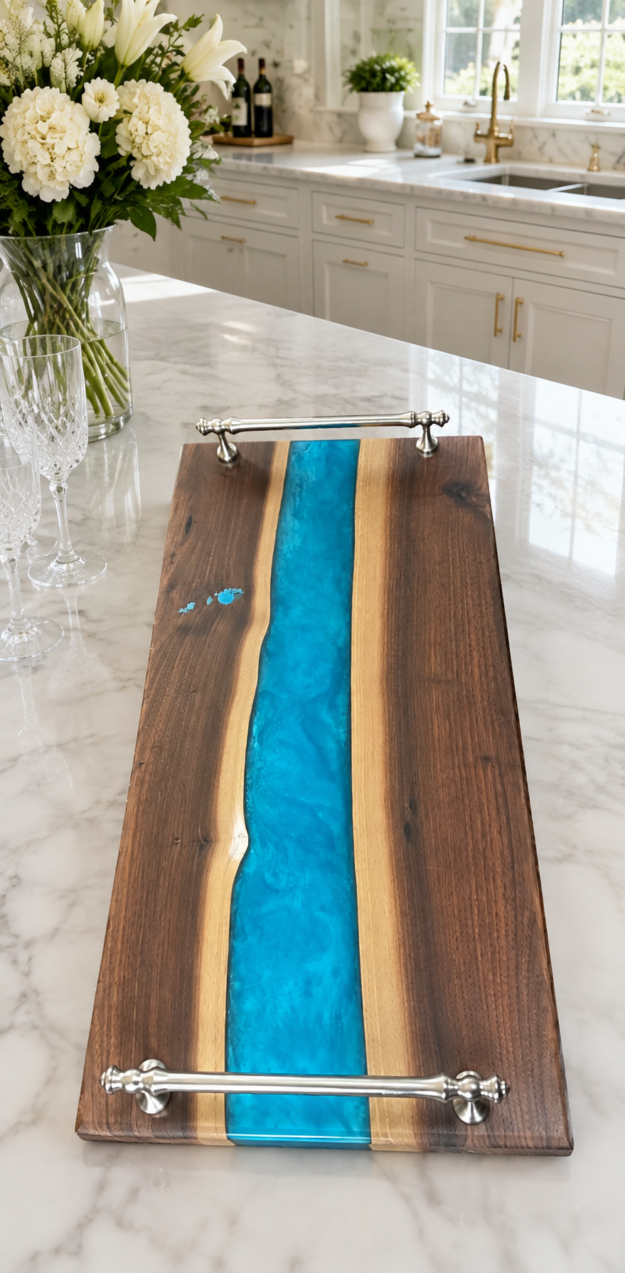Artisan resin river charcuterie board on marble kitchen island.png