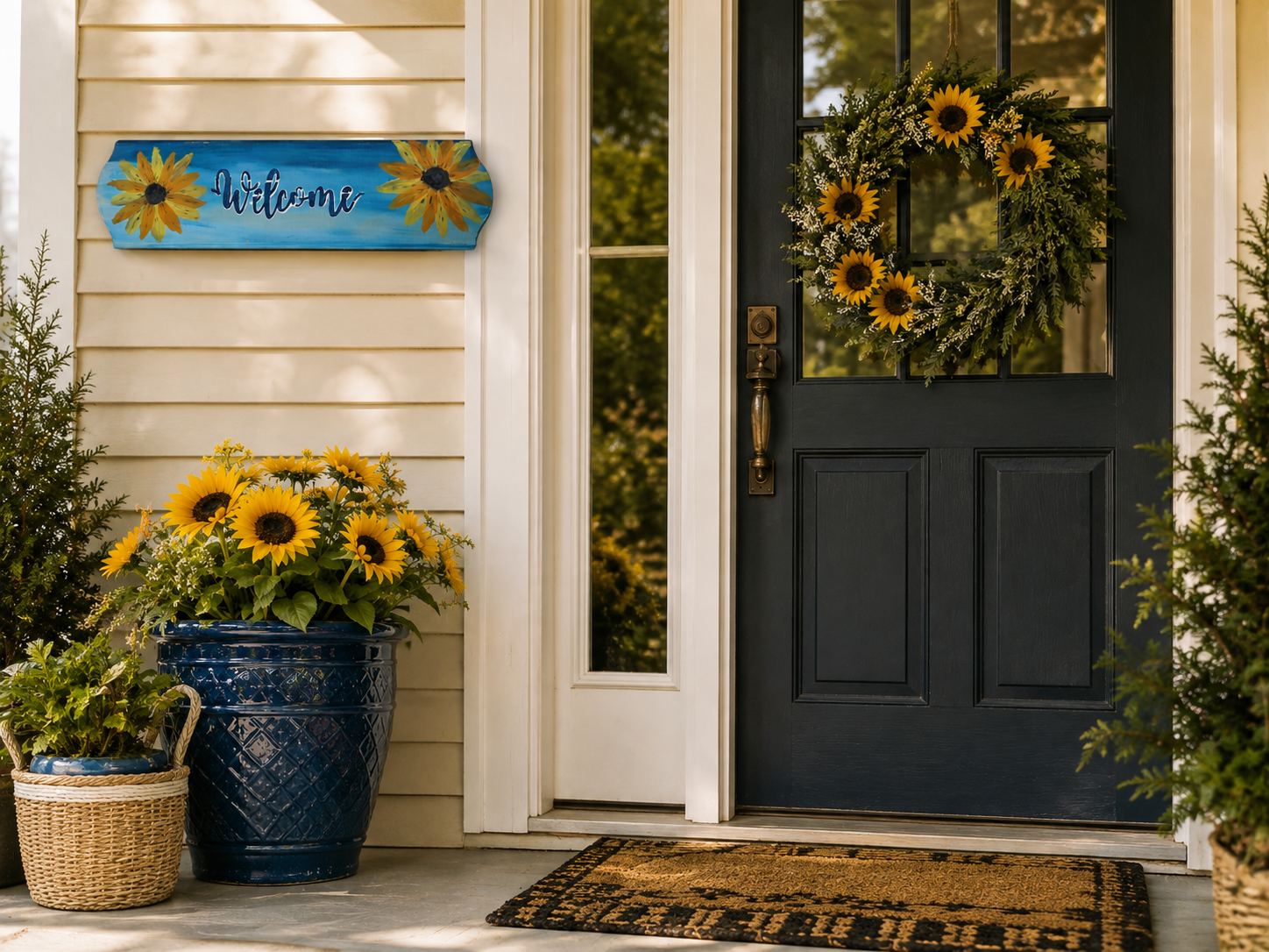 Blue sunflower wooden welcome sign for front porch.png