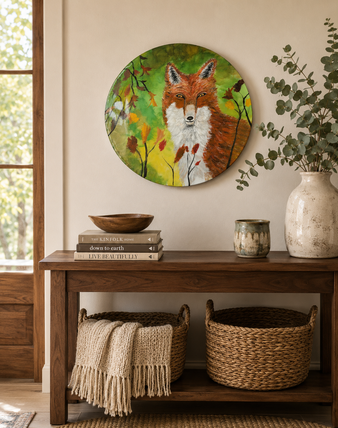 Woodland fox wall art on birch wood round.png