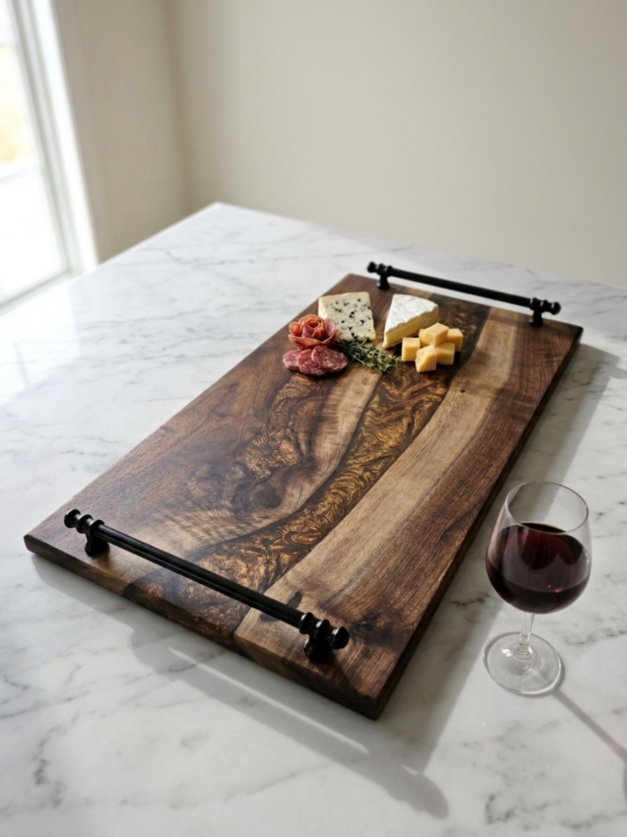 artisan walnut charcuterie board with copper toned resin center.png