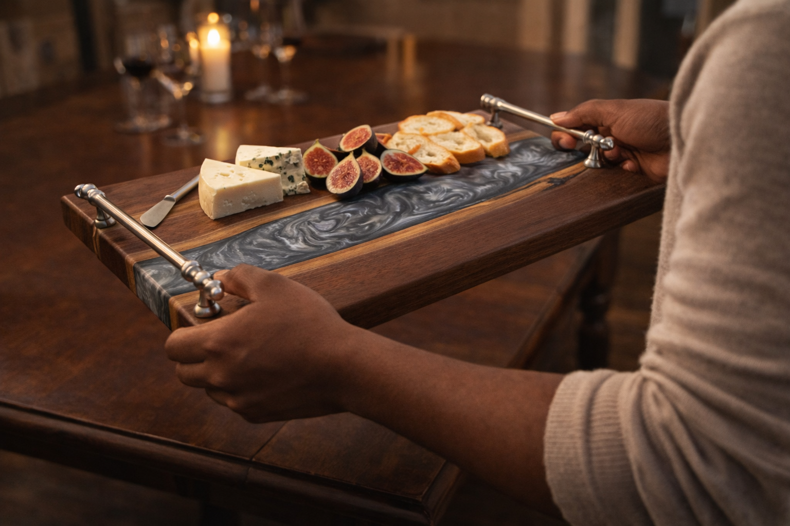 Large black walnut serving board with silver resin.png