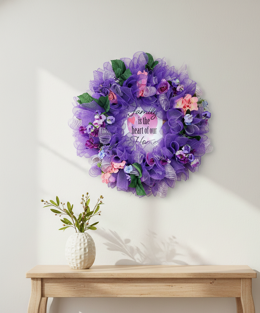 Purple deco mesh wreath with artificial flowers and foliage