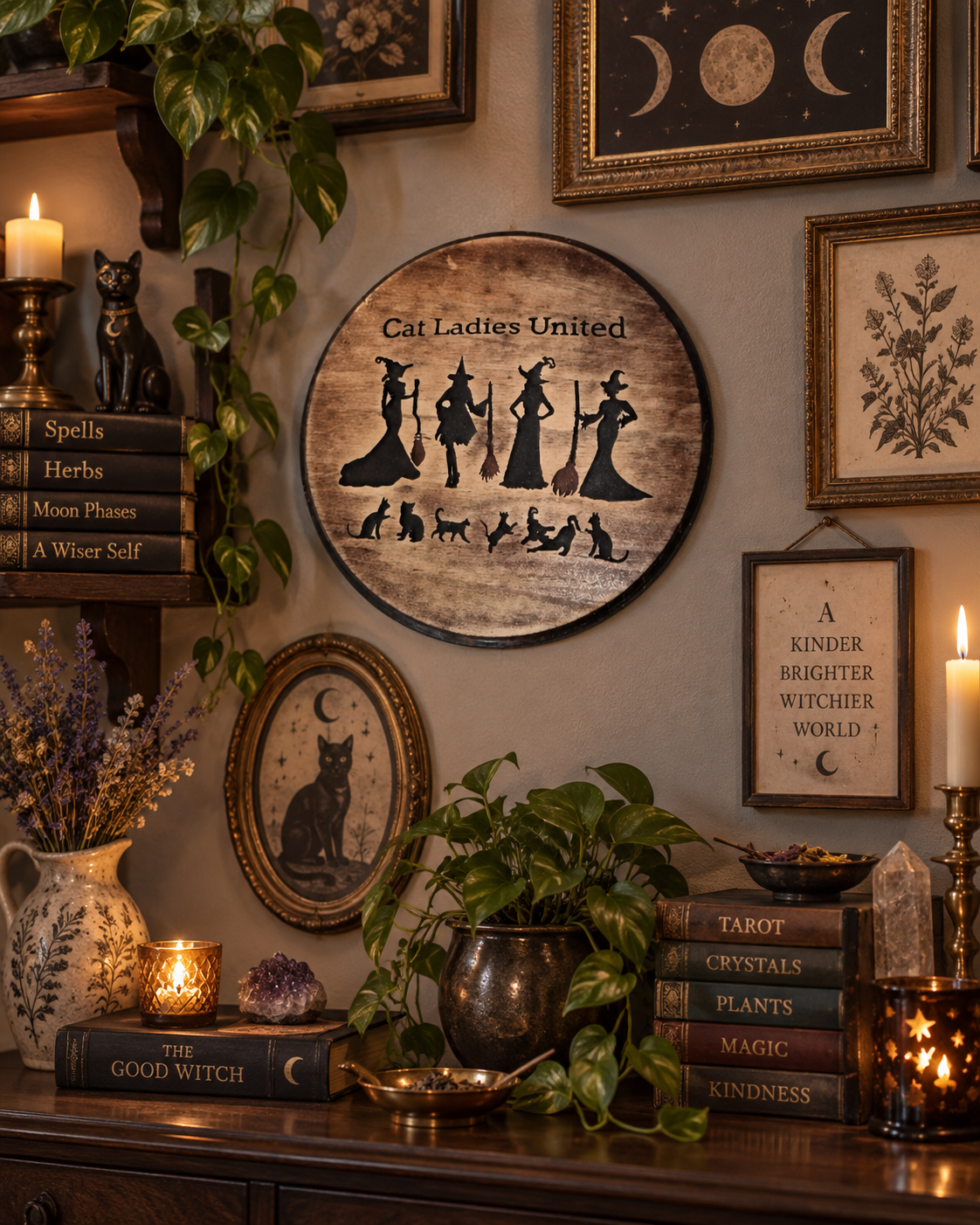 Round birch witch and cat wall plaque.png