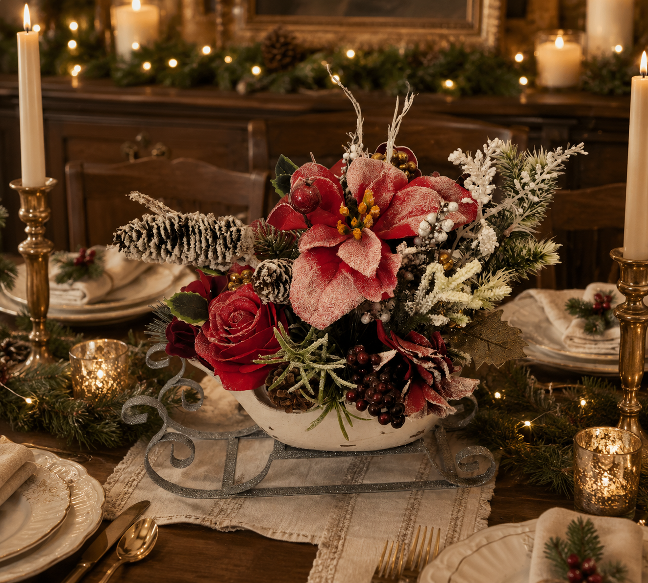 Christmas table centerpiece with red roses and poinsettias.png
