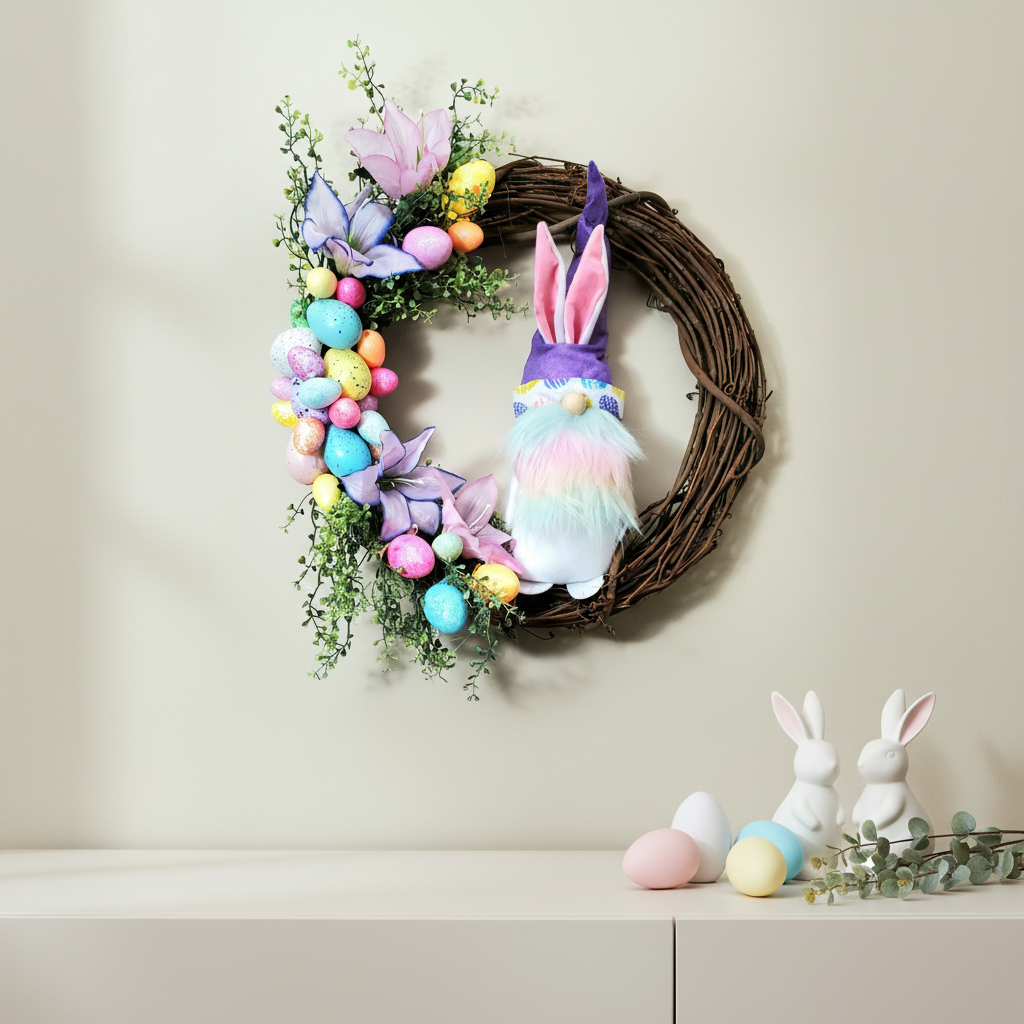 egg hunt hideaway bunny gnome wreath on wall.png