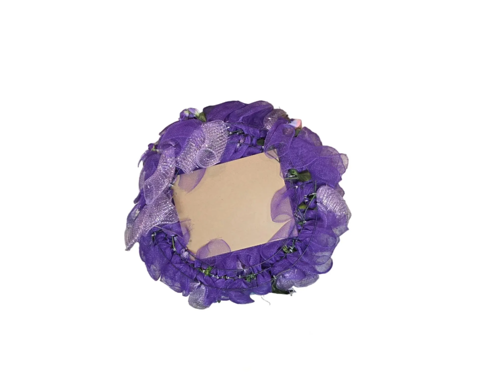 Back of purple deco mesh wreath showing wire frame