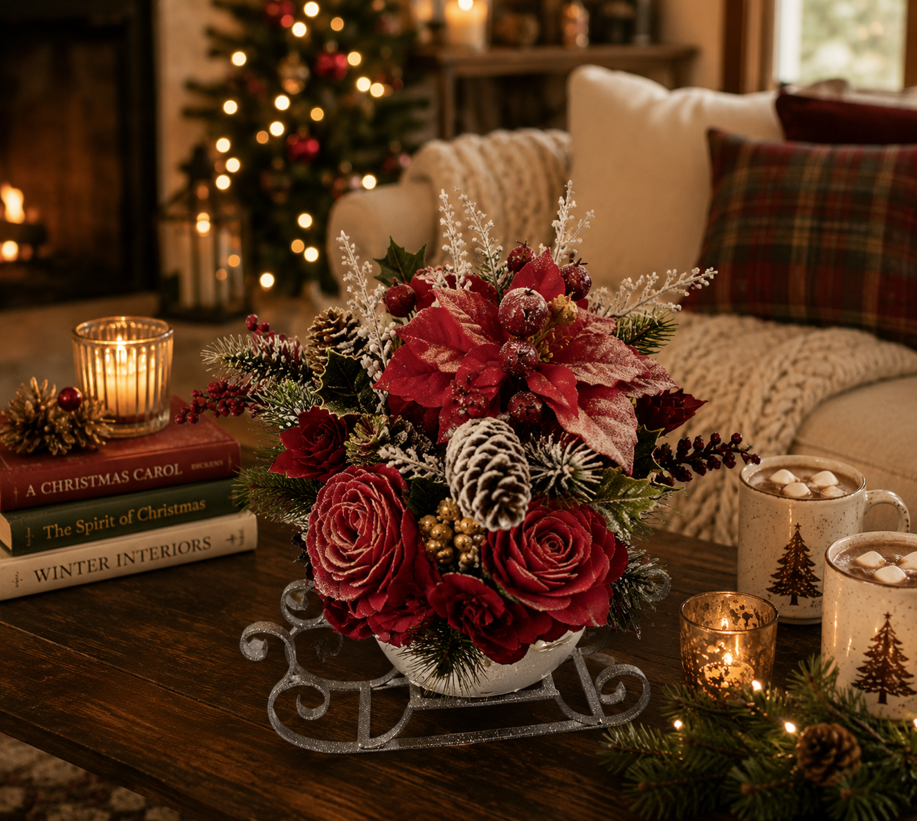 Crimson Christmas sleigh centerpiece with snow-kissed poinsettias.png