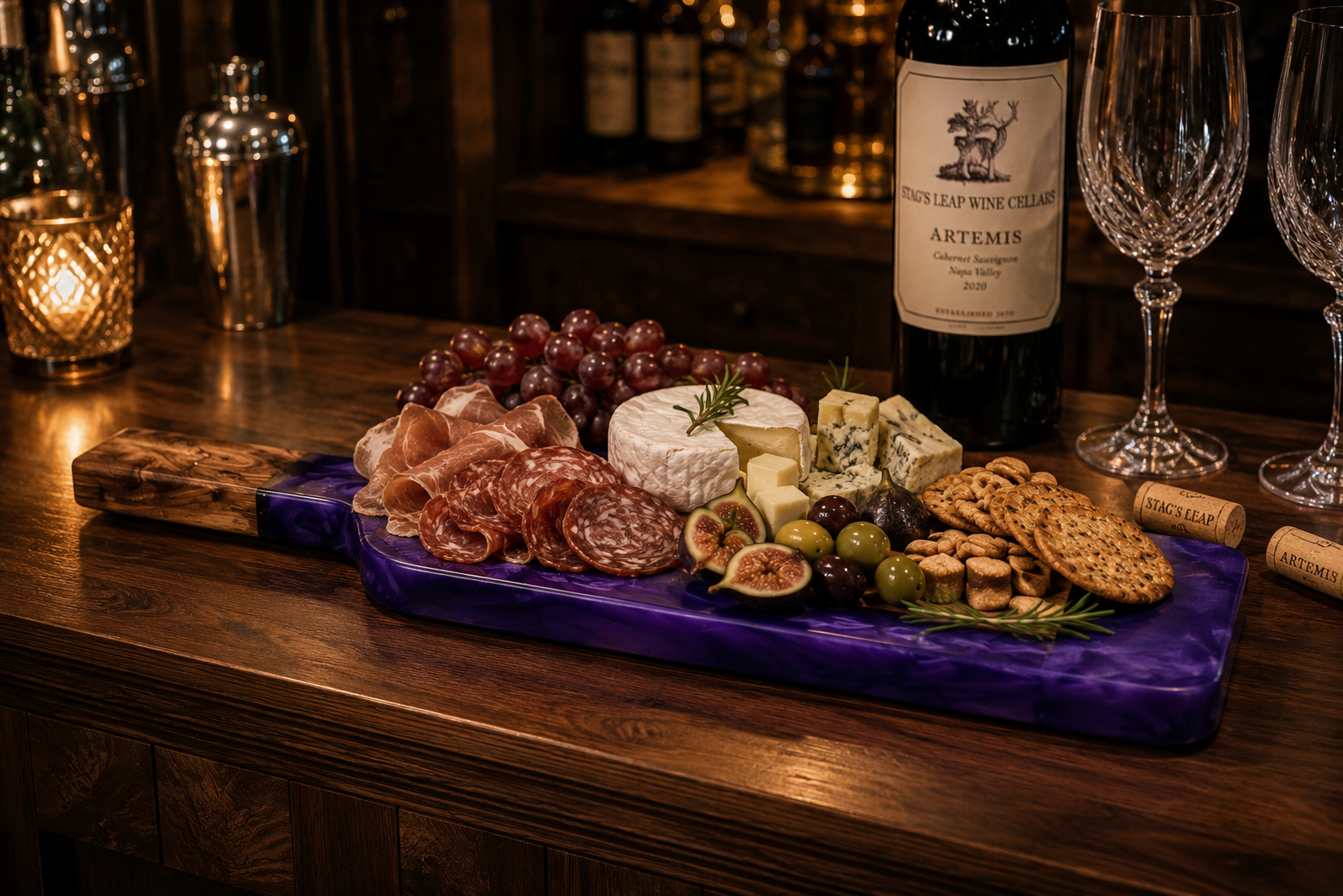 Purple resin serving board with walnut accents.png