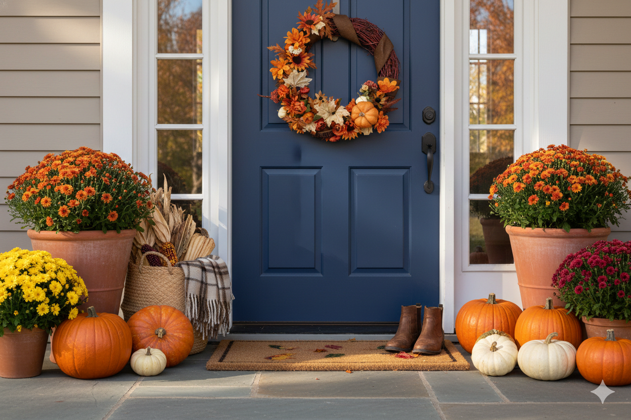 Front porch decorated for fall with orange and white pumpkins, potted chrysanthemums, a wreath on a blue door, and a pair of brown boots on a doormat.