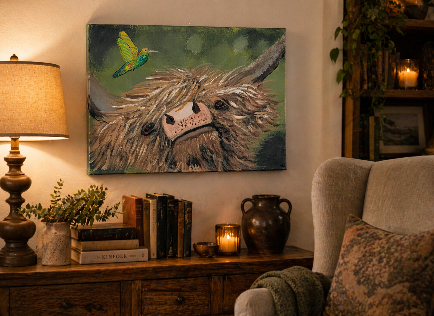Meadow Whimsy – Highland Cow & Hummingbird Canvas Wall Art
