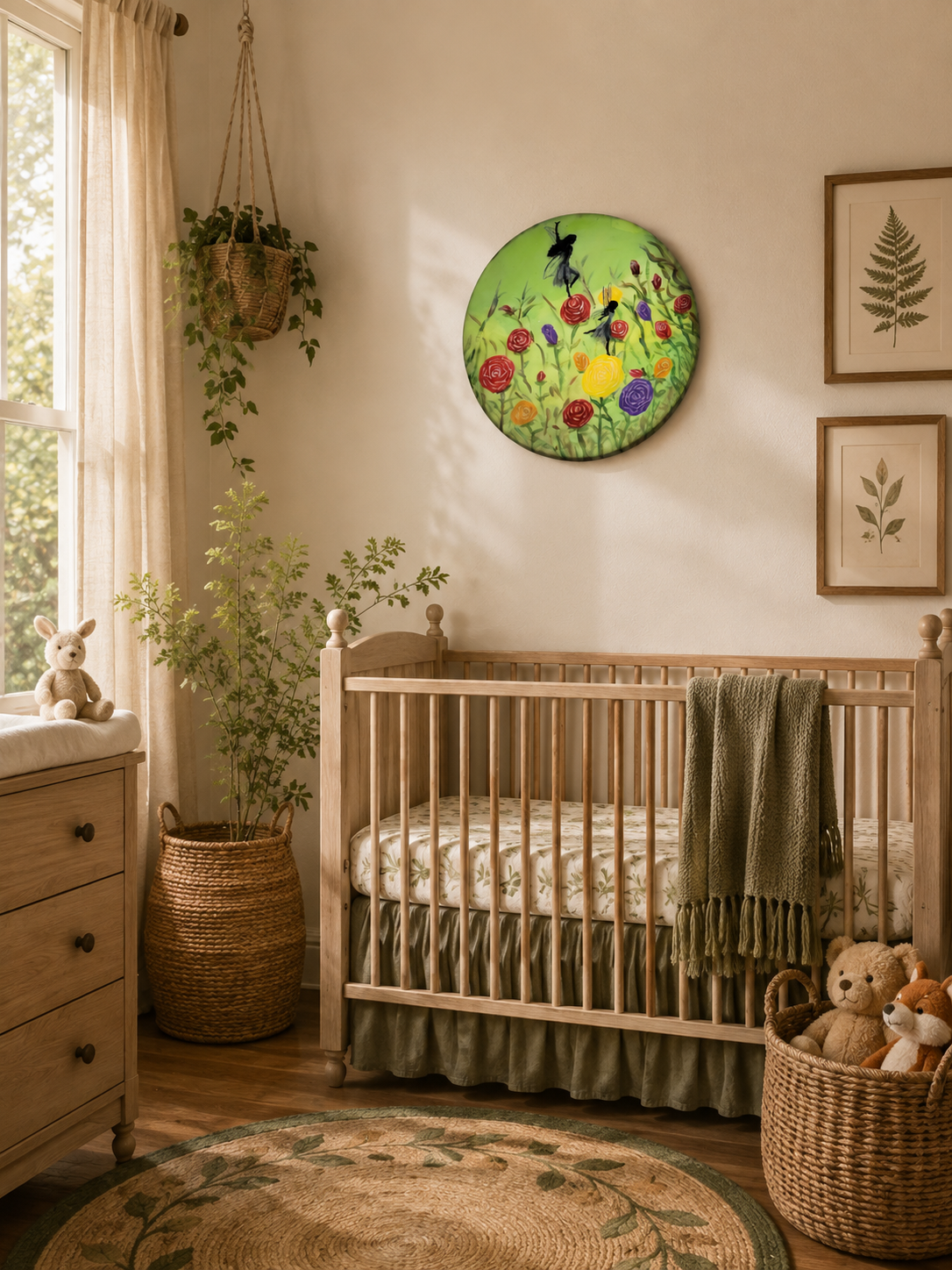 Cottagecore floral wall art with fairy silhouettes.png