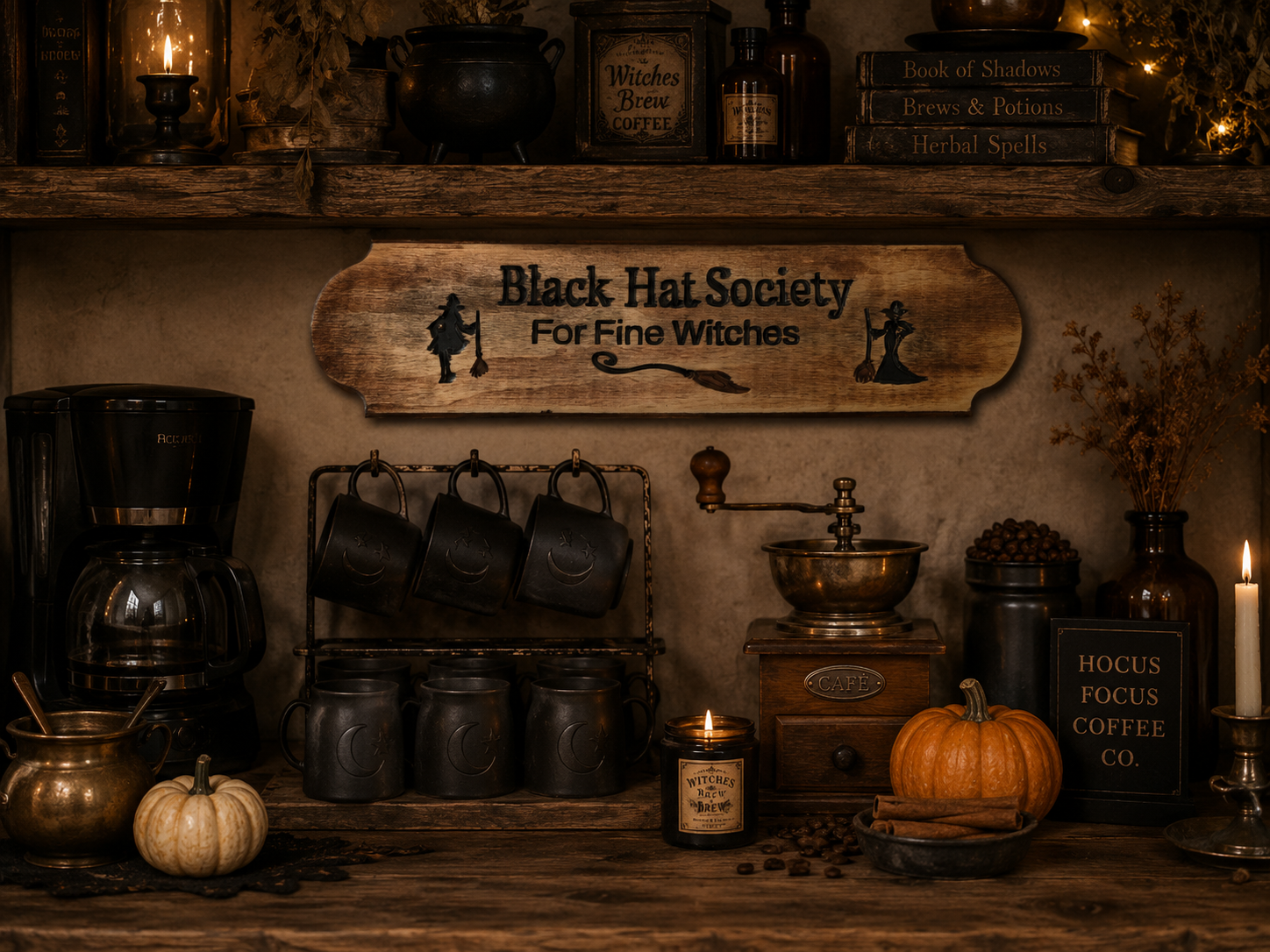 Rustic stained wooden Halloween witch sign with engraved lettering..png