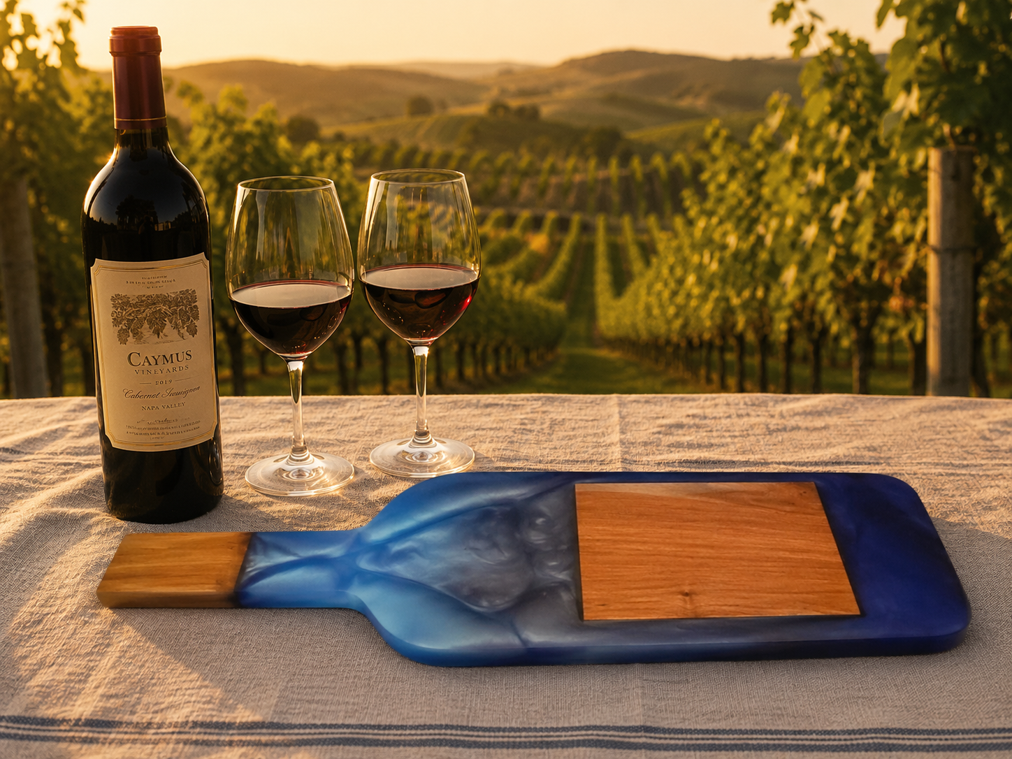 Sapphire blue wine bottle charcuterie board handcrafted from walnut.png