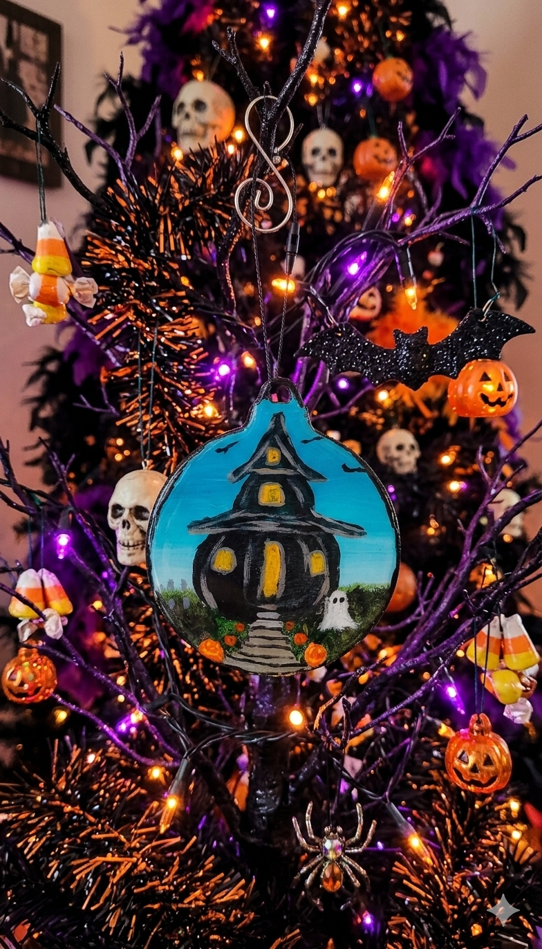 A decorated Halloween-themed ornaments, pumpkin lights, a haunted house ornament, and purple lights, with skull and bat ornaments visible.